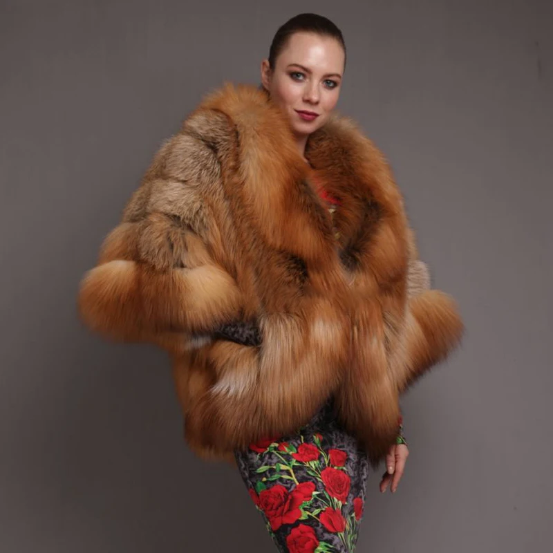 Женское пальто из натурального меха Красной лисы, зимняя Роскошная, толстые куртки из меха лисы, пончо с рукавами летучая мышь, женские пальто из натурального меха
