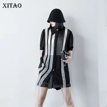 

XITAO Striped Women Blouse Irregular Women Single Breast Puff Sleeve Patchwork 2020 Summer Elegant Minority Shirt ZP1248