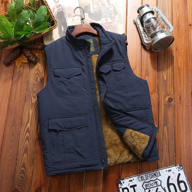 Winter Men Vest Casual Fleece Warm Waistcoats Outwear Multi Pocket