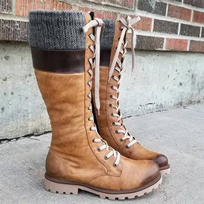 STS/Женские повседневные Модные Ботинки martin; зимние теплые ботинки на плоской подошве на шнуровке; женская обувь; Уличная обувь с высоким берцем размера плюс - Цвет: brown