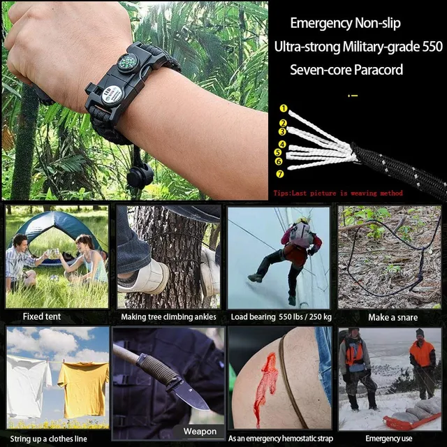 Pulsera Supervivencia De Emergencia Al Aire Libre Láser Infrarrojo SOS  Recargable Trenzada LED Linterna Silbido Brújula Pulsera De Rescate :  : Deportes y aire libre