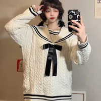 Sweet Girly Style 2021 Spring/Autumn Korean Preppy Tender Fairy Sailor Collar Bowknot Pullover Elegant Cute Kawaii Woman Sweater