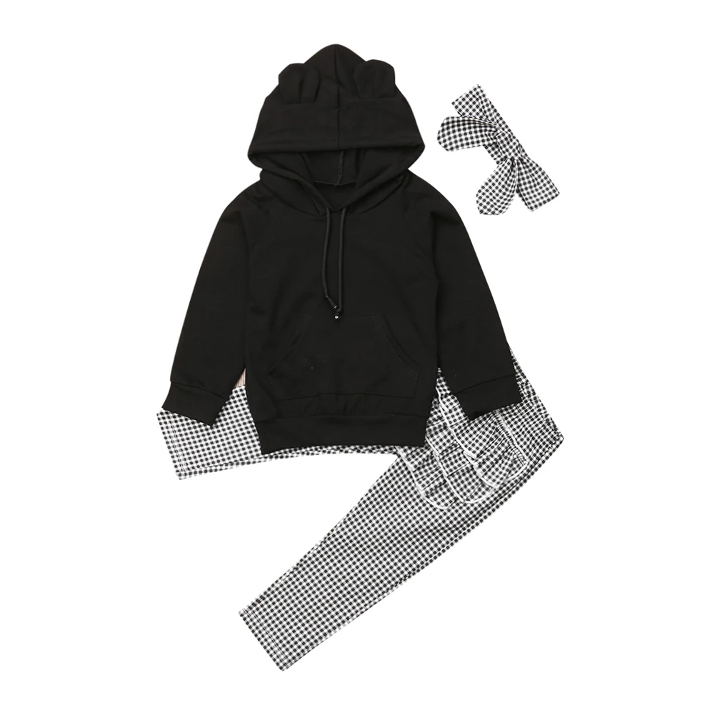 Черный Autumn Winter Baby Girls Sets 3PCS 3D Ears Hooded Pullover Black Tops+Ruffles Plaid Pants+Headband Toddler Clothes Set 1-6Y - Цвет: Черный