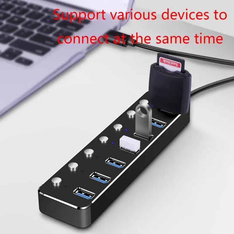 Алюминиевый USB 3,0 концентратор 7 портов USB удлинитель разветвитель с индивидуальным переключателем ВКЛ/ВЫКЛ