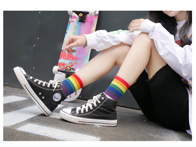 Зимние Модные радужные полосатые женские носки Harajuku корейские уличные носки для скейтеров носки пара носков