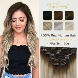 VeSunny Human Hair Extensions Clip In Blonde Thickened Double Weft Brazilian Hair 120g/7pcs Remy Hair Full Head Silky Straight