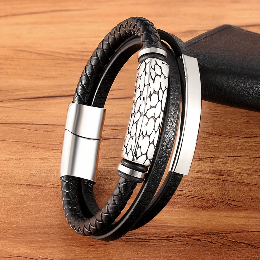 Geometric Pattern Multi-layer Accessories Black Men’s Leather Bracelet Luxury Jewelry Valentine’s Day Gift Free Shipping