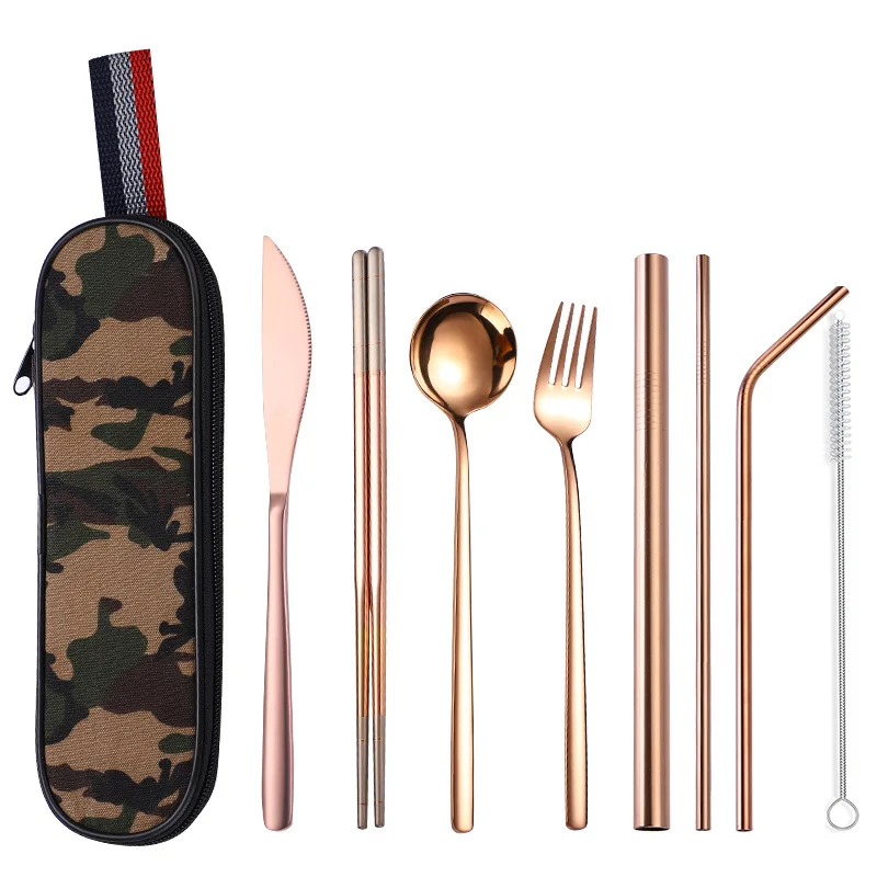 8pcs jl rosegold Нержавеющая сталь столовая посуда портативный набор столовых приборов нож ложка Вилка палочки для еды соломенная упаковка ткани столовые приборы работа путешествия набор столовых приборов - Цвет: 8pcs jl rosegold
