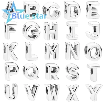 

Bule Star 100% 925 Sterling Silver pandoras charm Open Letter A-Z 26 English letters Dangle with Zirconia Charm