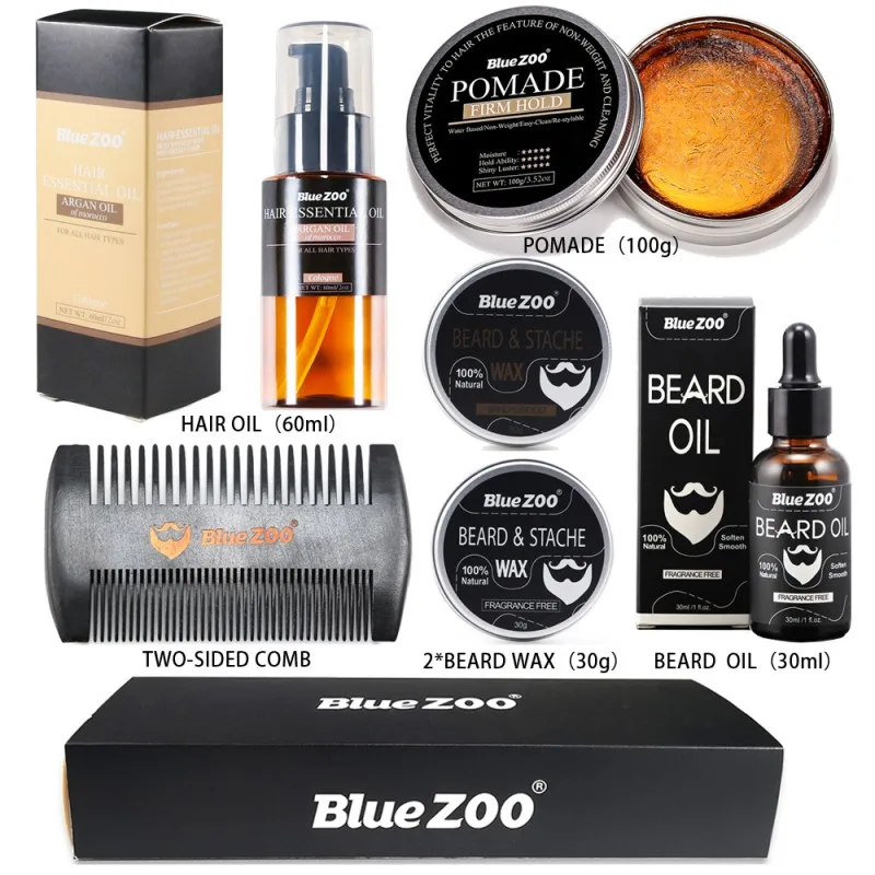 

6pcs/set Beard Kit Barba Beard Essential Oil Hair Growth Oil Beard Wax Balm Pomade Two-Sided Comb Beard Care Set