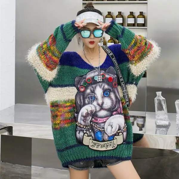 

New loose and versatile V-neck striped sweater for women