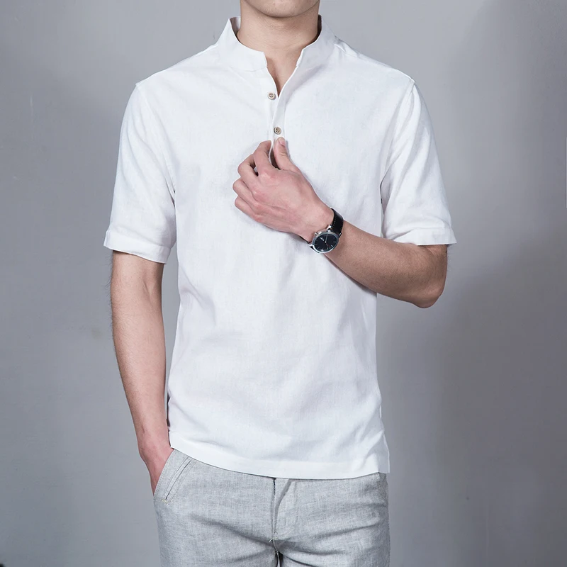2020! Camiseta con cuello levantado para hombre de manga corta Color sólido estilo chino camisetas lino talla grande 5X|Повседневные