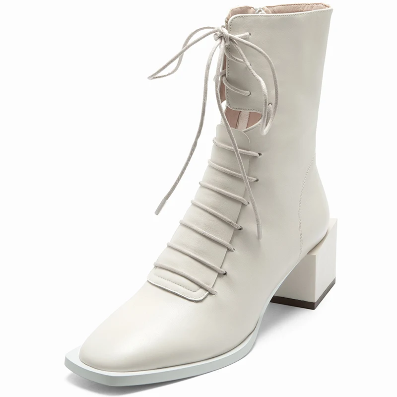 INS HOT Women ankle boots natural leather 22-25.5CM Square toe Outdoor fashion leisure shoes Hollow Wearable in all seasons