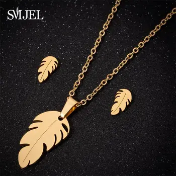 

SMJEL Stainless Steel Sets For Women Boho Feather Shape Necklace Earring Jewelry Lover's Engagement Jewelry Kids Gift bijoux