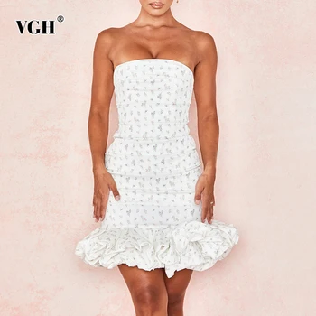 

VGH Print Sexy Party Dress For Women Off Shoulder High Waist Patchwork Ruffle Slim Mini Dresses Female 2020 Summer Fahsion New