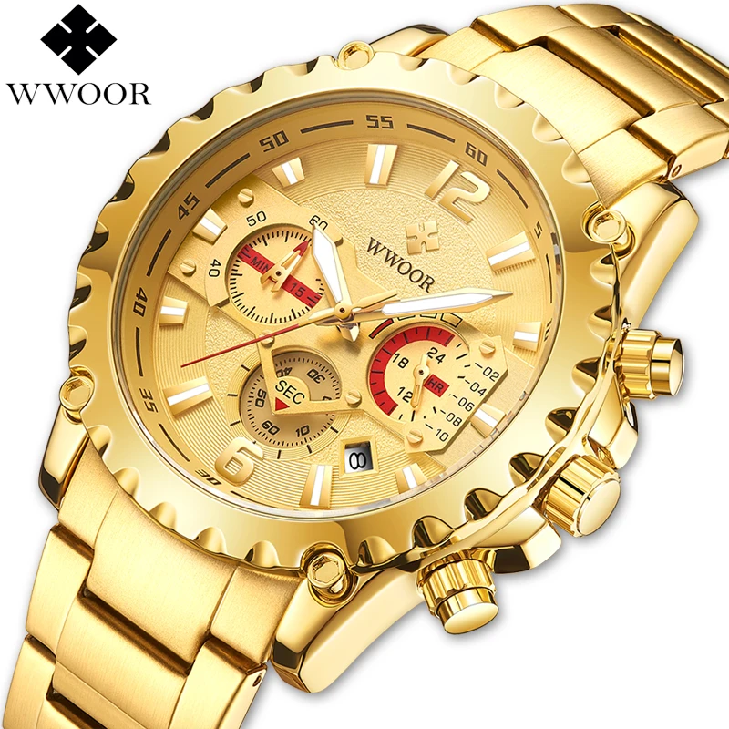 

WWOOR Chronograph Watch Men's Quartz Watches Top Brand Luxury Gold Stainless Steel Waterproof Male Wrist Watch Relogio Masculino