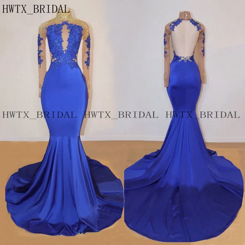 144.Sexy Mermaid Long Evening Dress 2019 African High Neck Open Back Sheer Gold Lace Sweep Train Royal Blue Formal Prom Dresses 2K19