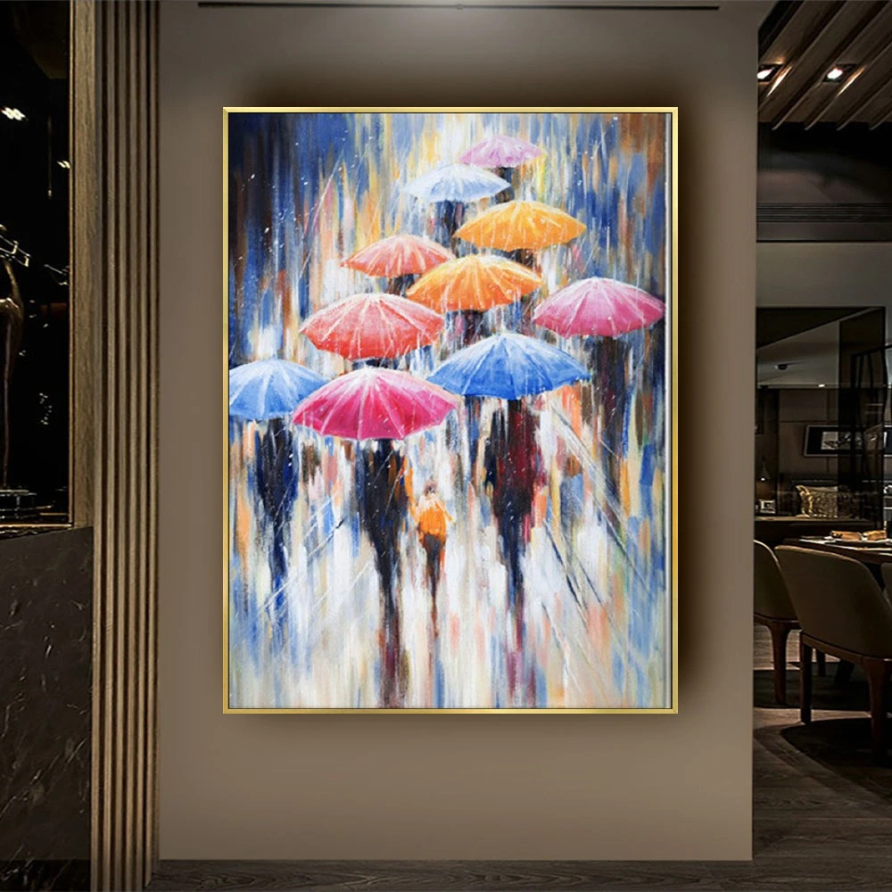 

Handmade Abstract Figure Paintings Home Decoration Modern Abstract Street Oil Painting On Canvas Fashion Colorful Rainy Wall Art
