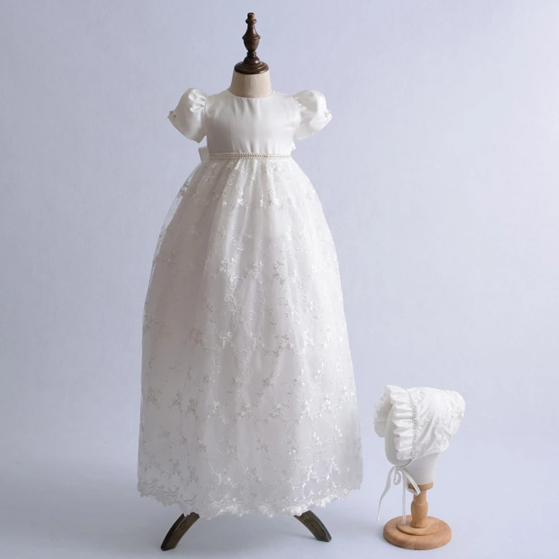 Крестильное высококачественное вечернее платье свадебное платье с дамская шляпа без полей для новорожденных Vestido Bebe крестильное платье для маленьких девочек Крестильная одежда - Цвет: Ivory