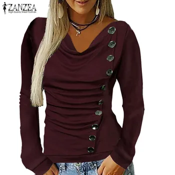 

2020 ZANZEA Women Tops and Blouses Fashion Lady Side Buttons Shirts Casual Solid Long Sleeve Pleated Tunic Blusas Chemiser Mujer