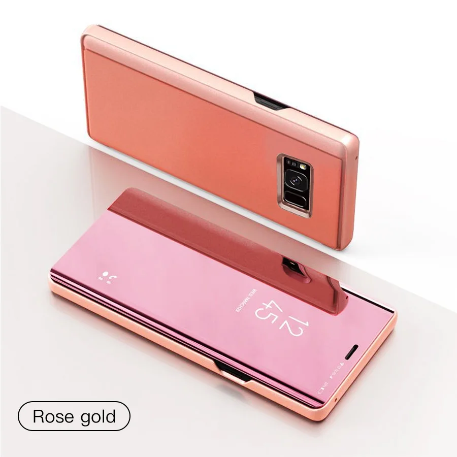 Mirror Flip Phone Case For Samsung Galaxy S8 S10 Note9 Cover Thin Clamshell Smart Call Answer Phone Holder Stand Glass Cases - Цвет: Rose Gold Flip Case