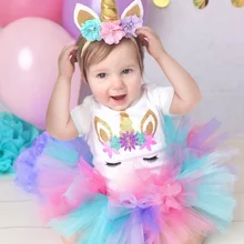 Милое Платье с единорогом для малышей, 1 год, платье-пачка для маленьких девочек хлопковая одежда для первого дня рождения вечерние платья для маленьких девочек