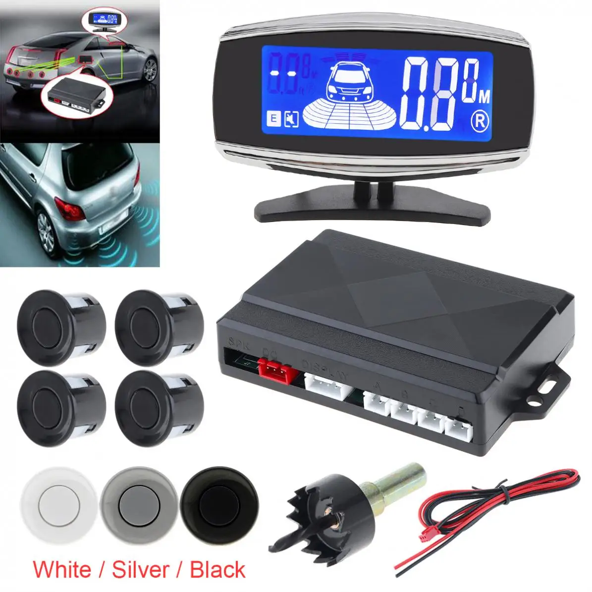 

Double CPU LCD Display Car Monitor Parking Sensor Kit Auto Radar Detector 4 Sensors Alarm Indicator Reverse Backup Radar System