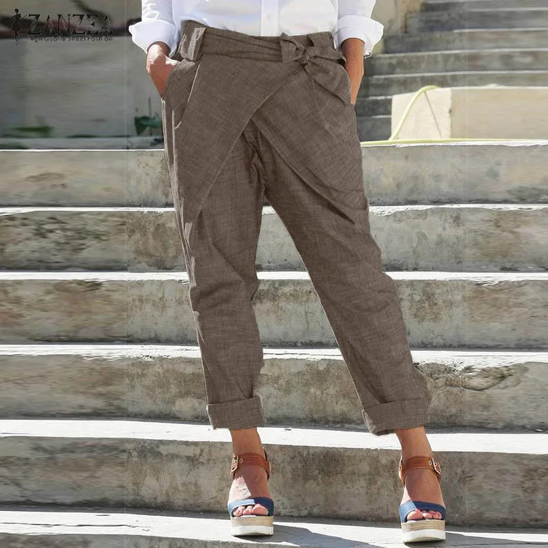 ZANZEA Модные узкие брюки женские брюки повседневные брюки с эластичной резинкой на талии брюки с поясом размера плюс одноцветные репы на шнуровке 5XL
