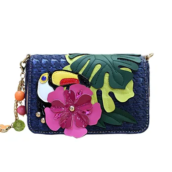 

Women Bags Leather Patchwork Embroidery Messenger Bag Girl Shoulder Bags Female Bag Braccialini Style Cartoon Parrot and Flower