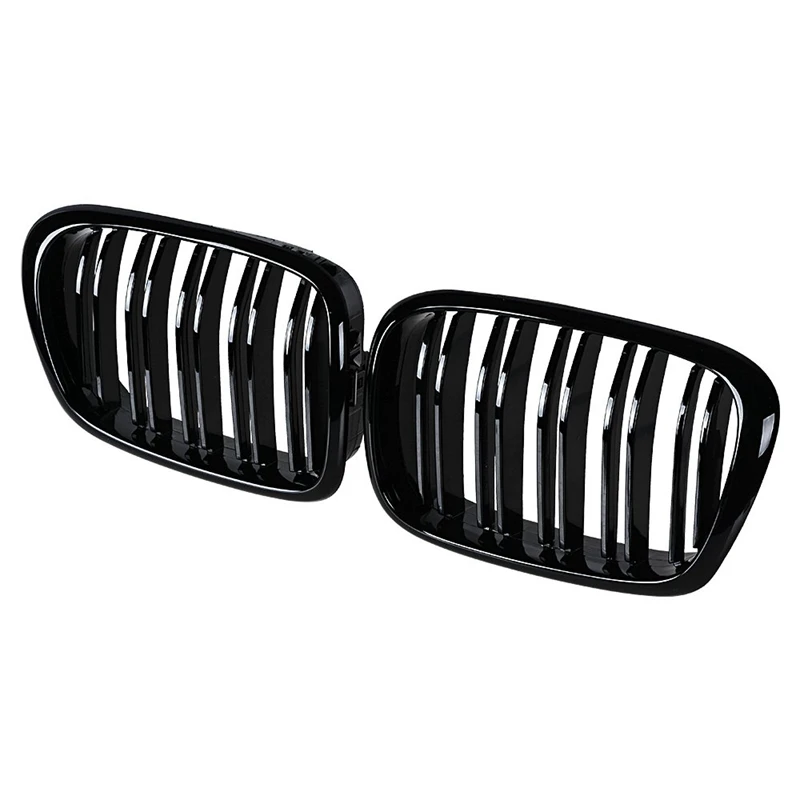 Baratos Negro brillante frente capucha riñón rejilla ABS doble línea Compatible para BMW E39 5 de la serie 525 de 528, 1995 2004 parachoques delantero parrilla
