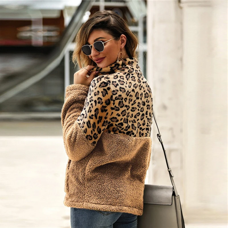 SHEIN фланелевый контрастный Леопардовый свитер на молнии с плюшевой подкладкой, пуловер для женщин на осень и зиму, повседневные толстовки с воротником-стойкой