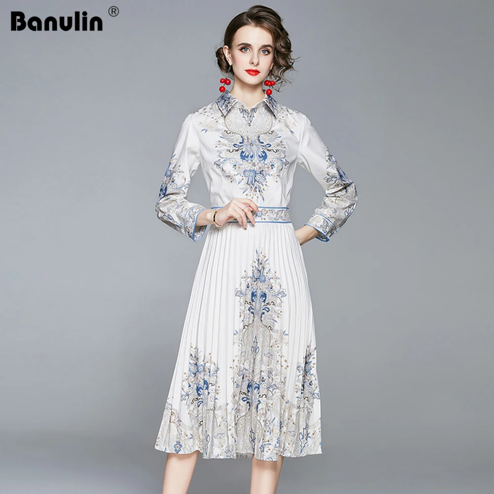 

Banulin Autumn Runway Floral Dress Women's Long Sleeve Vintage Floral Print Elegant Party Pleated Dress Winter Dresses 2020