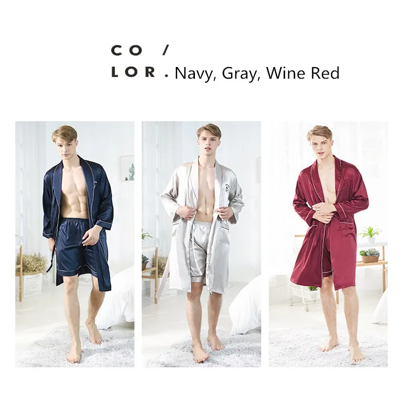 SAMWESTART Men's Stain Silk Pajamas Robes Top Male Sleepwear Solid Color Men Pajamas Sleepwear Men Sexy Modern Style Nightgown