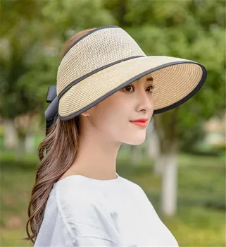 

Fashion Summer Straw Hat Female Sunscreen Big Eaves Sun Hat Empty Top Caps Ladies Cool Beach Outdoor Folding Hats Trendy