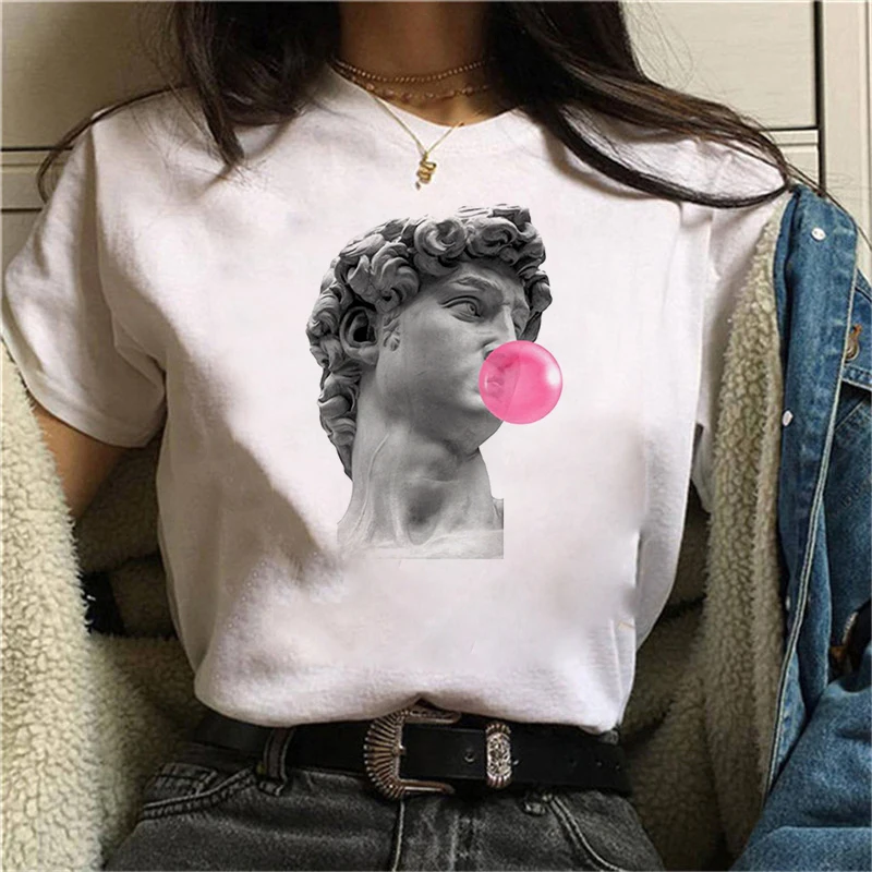 Women's T-shirt 90s Ulzzang Harajuku Graphic Funny White Drawing David Print T-shirt O Neck Casual Women's Top T-shirt