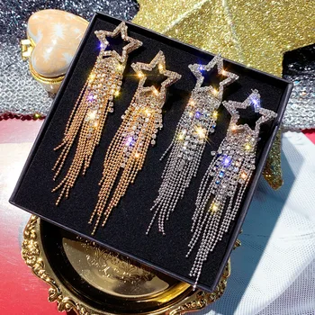 

Fashion Long Tassel Crystal Earrings for Women 2020 Bijoux Luxury Shiny Gold Color Star Dangle Earrings Jewelry Gifts