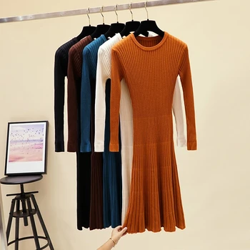 

Women Autumn Winter Warm Knitted Pleated Sweater Dress 2019 New Pullover Solid Long Round Neck Elastic Striped Thick Knit Dress