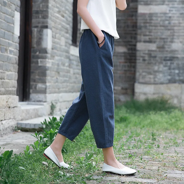 Johnature Loose Comfortable Solid Color Pockets Elastic Waist All-match Calf-length Pants 2020 Autumn New Women Straight Pants