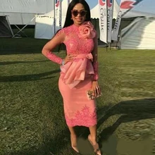 Нигерийские Розовые коктейльные платья длиной до середины икры Abendkleider кружевное вечернее платье с длинными рукавами плиссированные платья с баской для выпускного вечера