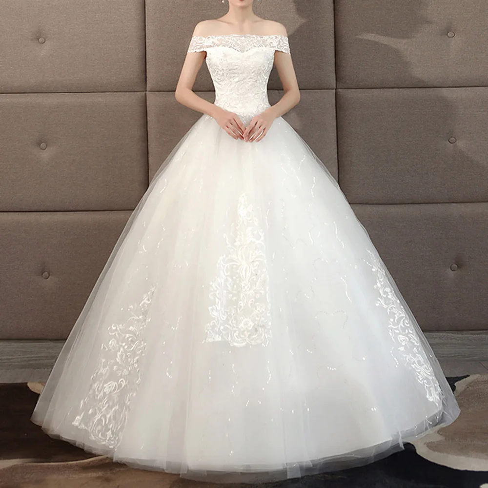 

Dressv Wedding Dress 2020 Women Luxry Off-The-Shoulder Floor-Length Ball Gown Lace Up Backless Long Bride Dresses