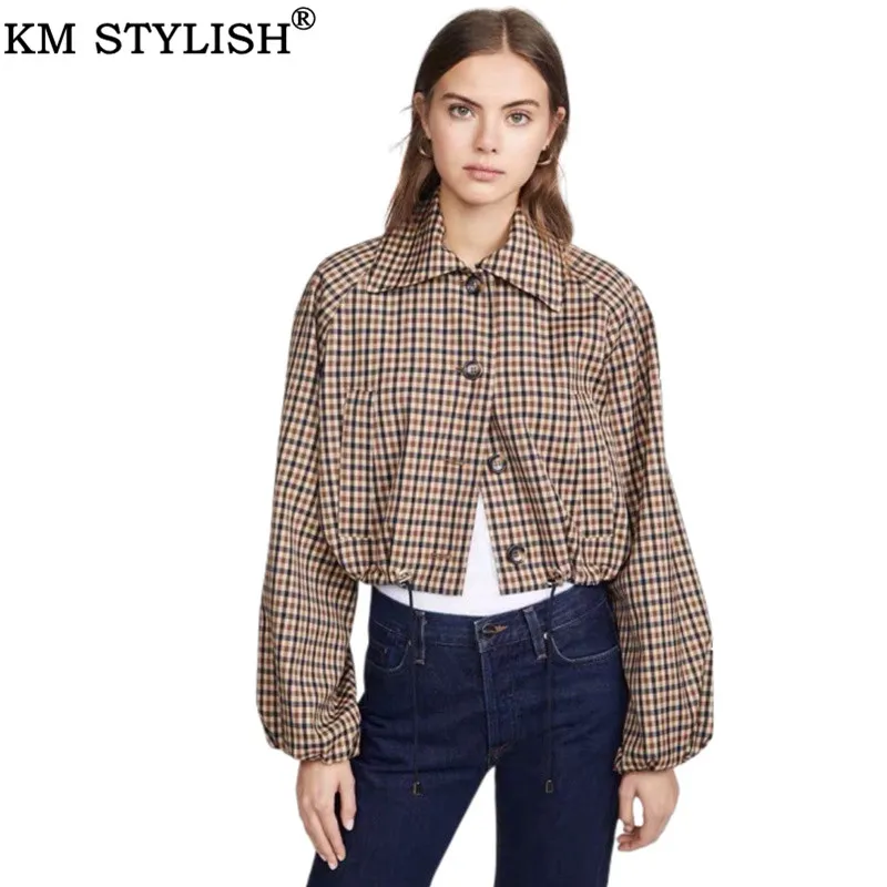 

Women's Jacket Coat Female 2019 Fall/Winter New Vintage Drawstring Brown Plaid Lantern Sleeve Short Jacket