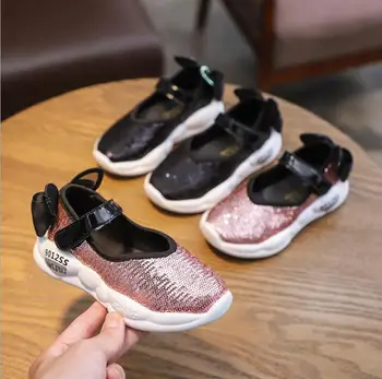 

New Autumn Toddler Sport Sneakers Children Casual Shoes Baby Girls Glitter Shoes Bow Black Sneakers Trainers Size 22-31