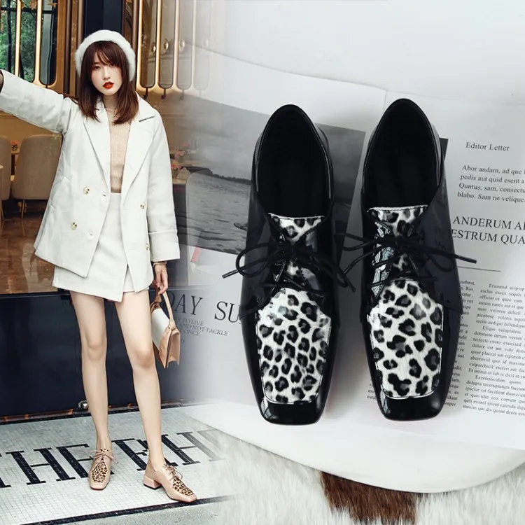 MLJUESE women pumps Cow leather Rome style autumn spring leopard color lace up square toe high heels party dress wedding