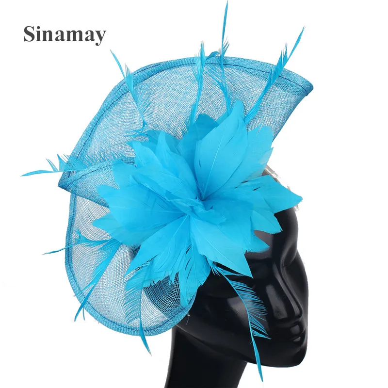 

Бирюзовая Свадебная Женская Вуалетка Sinamay, официальная женская шляпа для выпускного вечера, свадебные головные уборы, повязка на голову с перьями и цветами, головной убор, женская шляпа