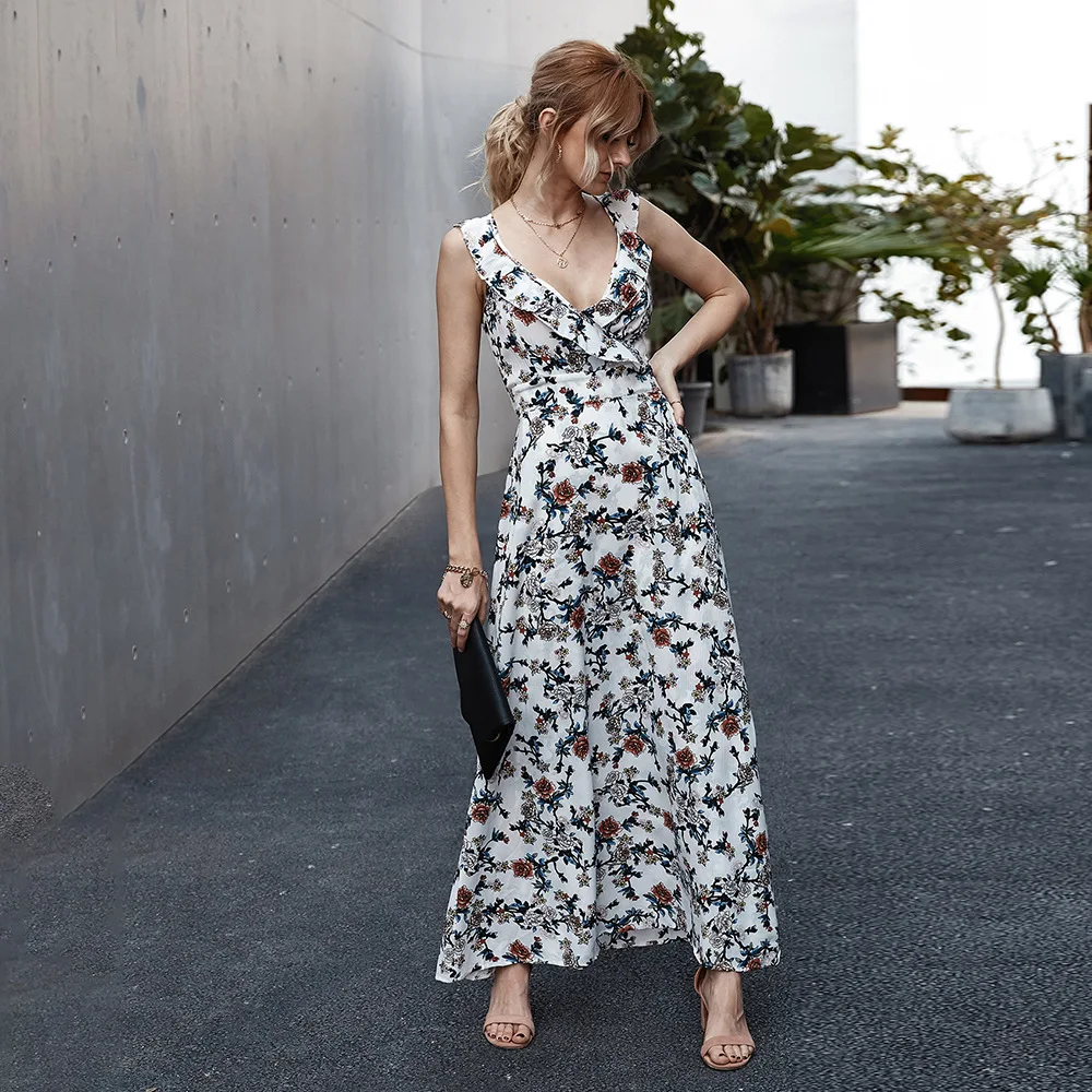 

Floral Printed Bohemian Dress A-Line Ruffles V-Neck Sleeveless Bow Spaghetti Straps Side Split Maxi Summer Dress Robe Boheme
