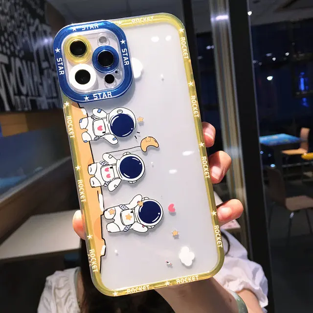 Cute Cartoon Astronaut Phone Case For iPhone 13 12 11 Pro Max XR XS Max 7 8 Plus 11 13 Pro Soft Cute Lens Protection Back Cover