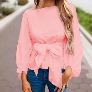 

Spring New Autumn Women Long Sleeve O-Neck Blouse Solid Black Tops Shirts 2020 Women Office Lady Female Sashes Shirts GV334