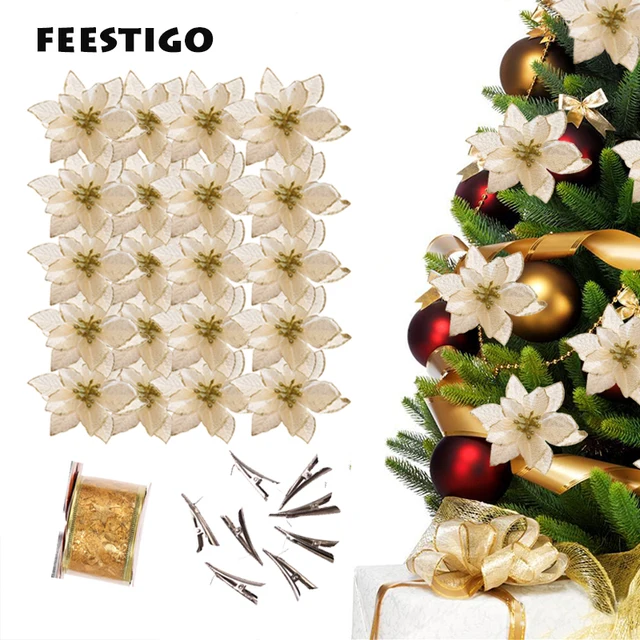 20pcs Glitter artificial flowers christmas tree ornaments fake flowers poinsettia for xmas decoration New Year Navidad decor 1