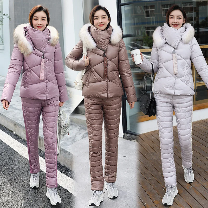 

Brand New Women's Set Fashion Tracksuit Thick Padded Coat Large Fur Collar Pants Sportswear Suit Women Winter Suit Drop shipping