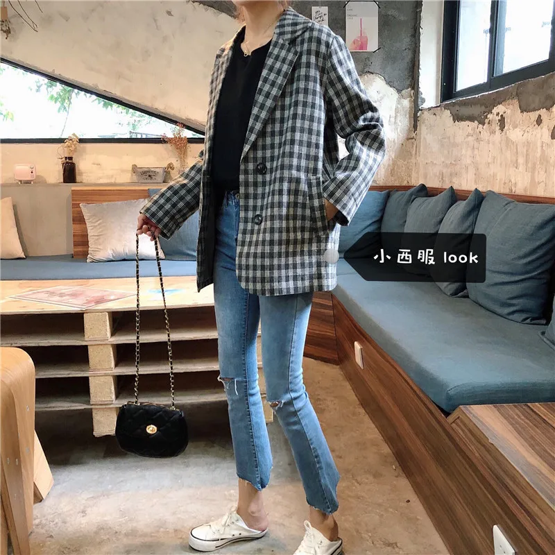 

8825 # Autumn And Winter WOMEN'S Dress Korean-style Loose-Fit Plaid Suit Jacket